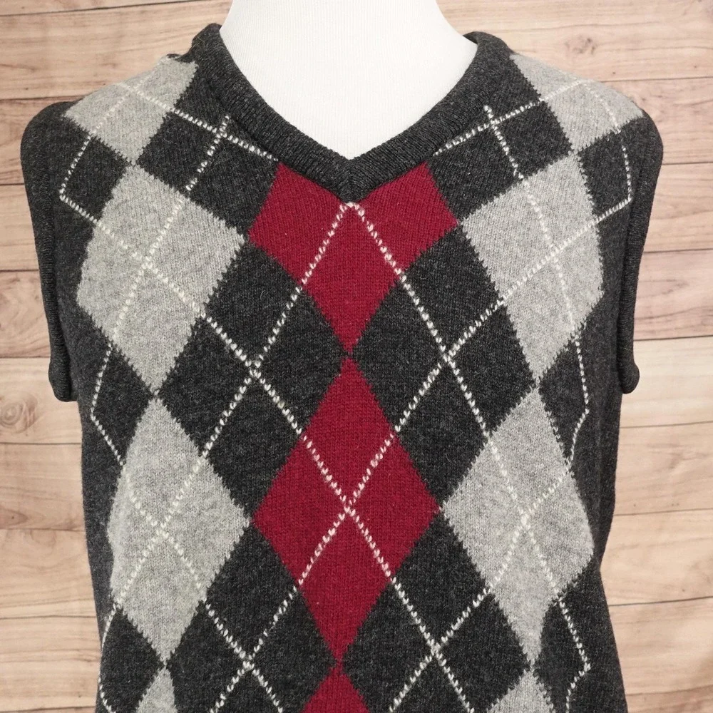 LL Bean Sweater Vest Mens M Gray Argyle V Neck Lambswool Irish Ireland Made